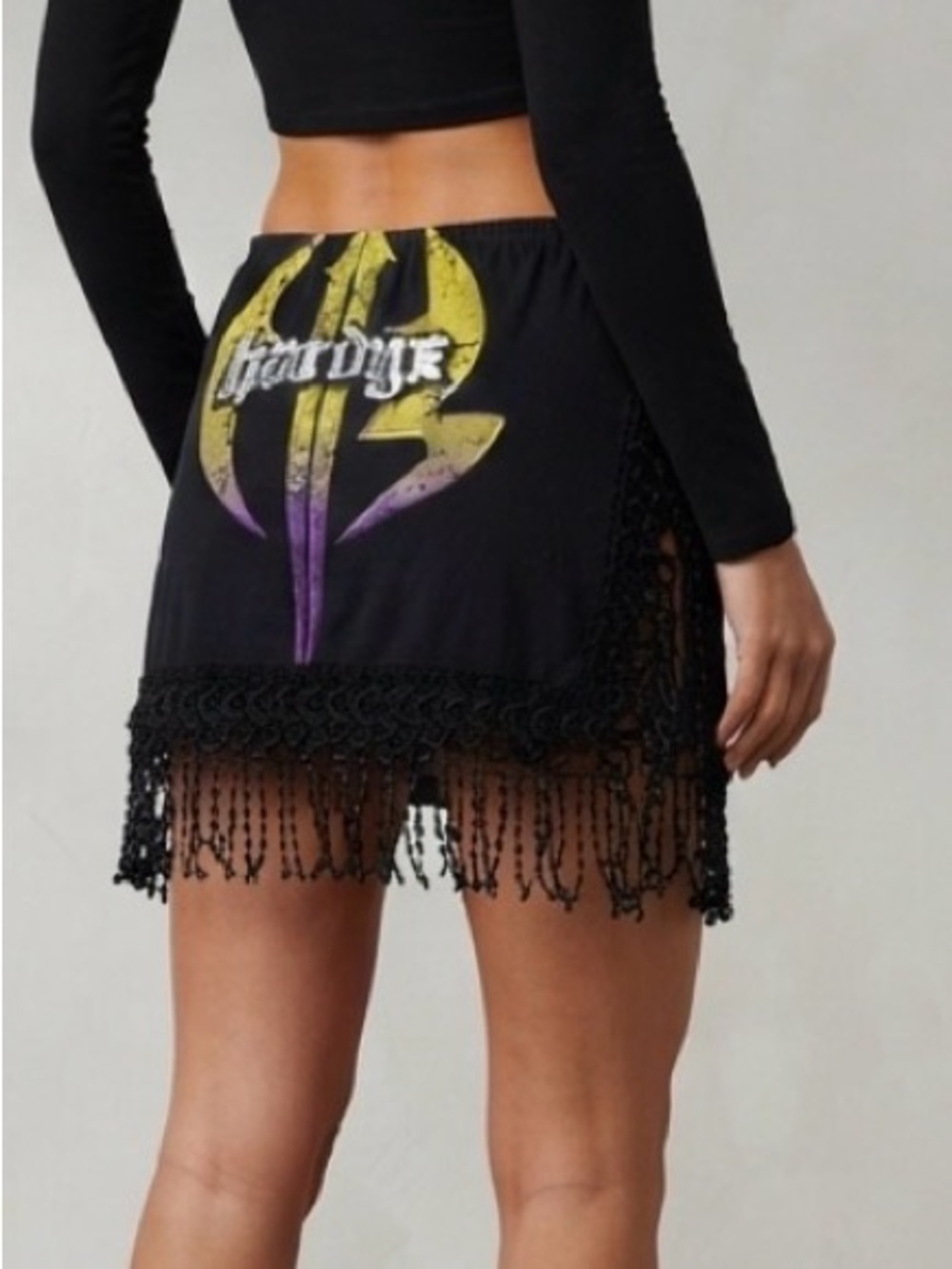 LF Furst of a Kind Upcycled The Hardys Wrestling Graphic Mini Skirt Fringe Trim